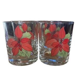 Vintage Block Set of 4 Poinsettia Old Fashion Glasses - Holiday Christmas
